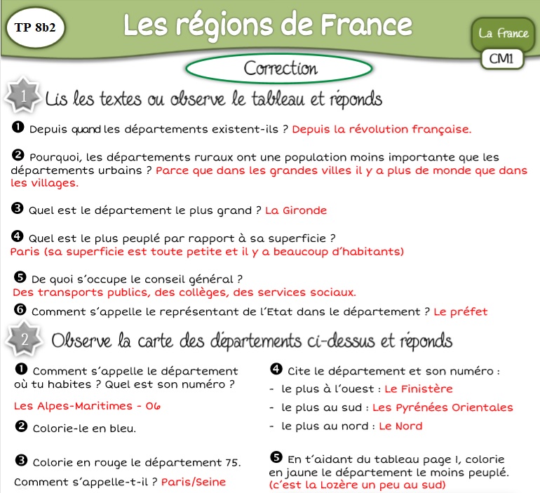 Evaluation Cm1 Geographie Le Lieu Ou J Habite T. D. 2 (Leçon 5) : La France et ses 101 départements